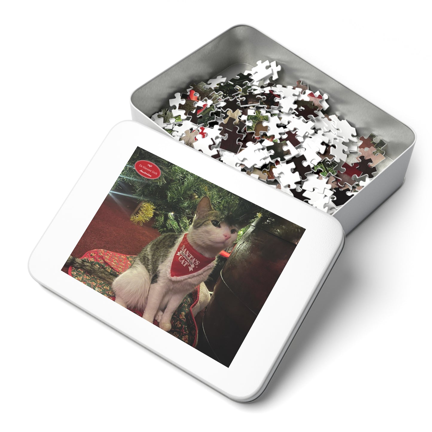 Christmas Cat Jigsaw Puzzle — 'Santa's Cat' Holiday Puzzle with Tin