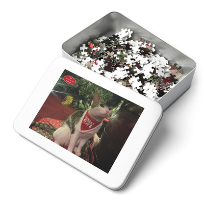 Christmas Cat Jigsaw Puzzle — 'Santa's Cat' Holiday Puzzle with Tin