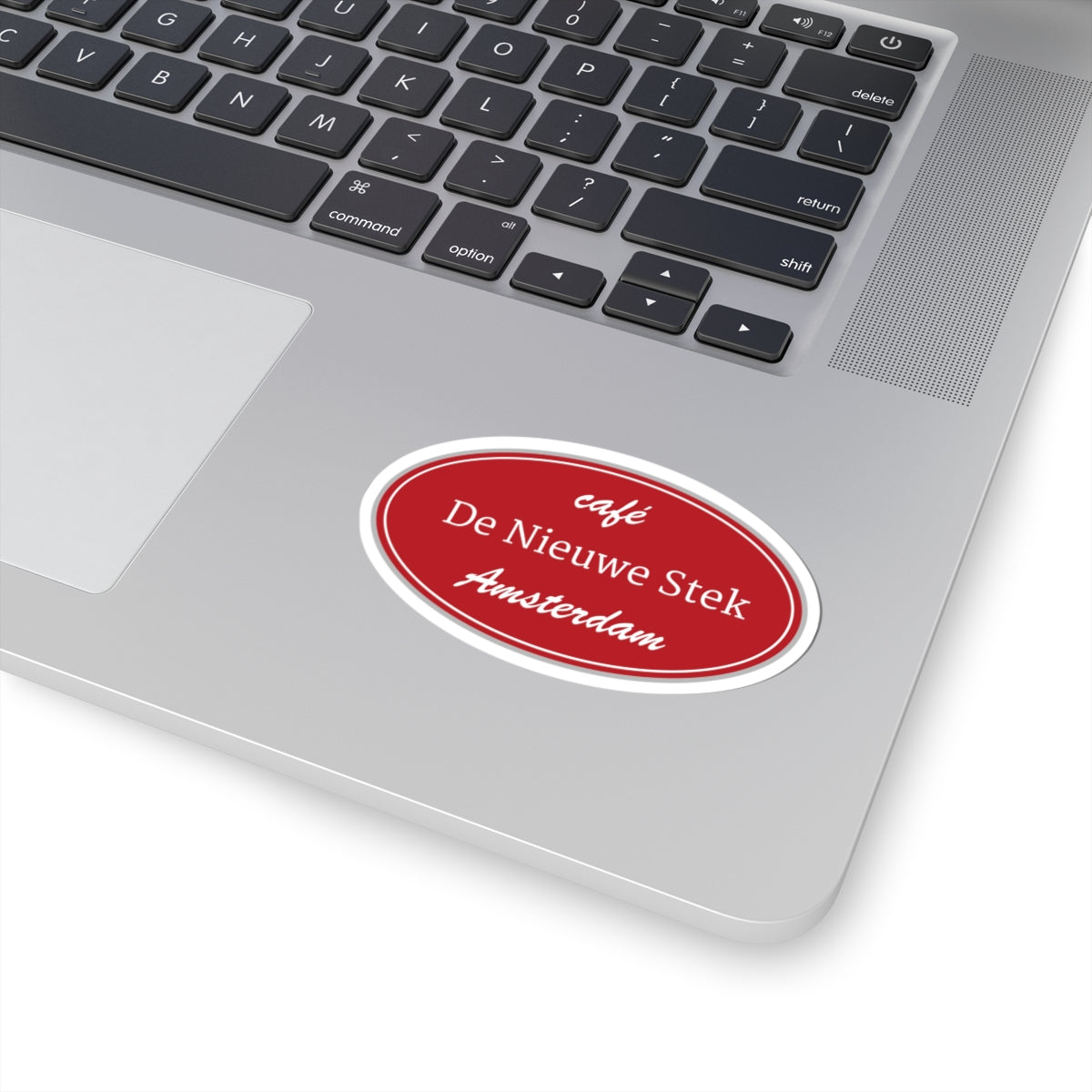 Cafe De Nieuwe Stek Amsterdam Oval Sticker — Red Vintage Café Logo Kiss-Cut Sticker